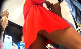 Provocative Blonde Milf In A Sexy Red Dress Voyeur Upskirt