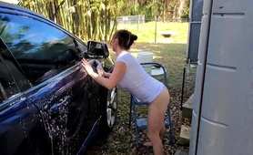 Amateur Brunette Milf Washing The Car In Her Tight Panties