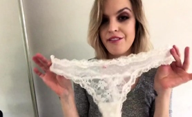 Sexy Slender Milf Tries On Her New White Panties On Webcam